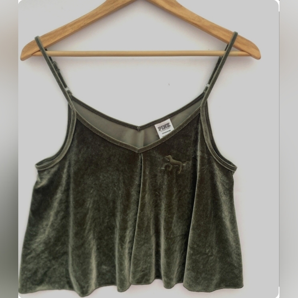 2pc Victoria's Secret PINK Set Velour Cropped tank & Leggings Black Green READ